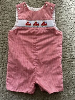 Edgehill Collection Red and White fire truck Gingham Jumper